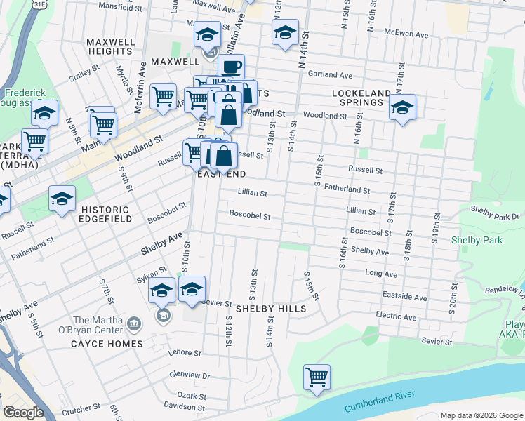 map of restaurants, bars, coffee shops, grocery stores, and more near 1213 Boscobel Street in Nashville