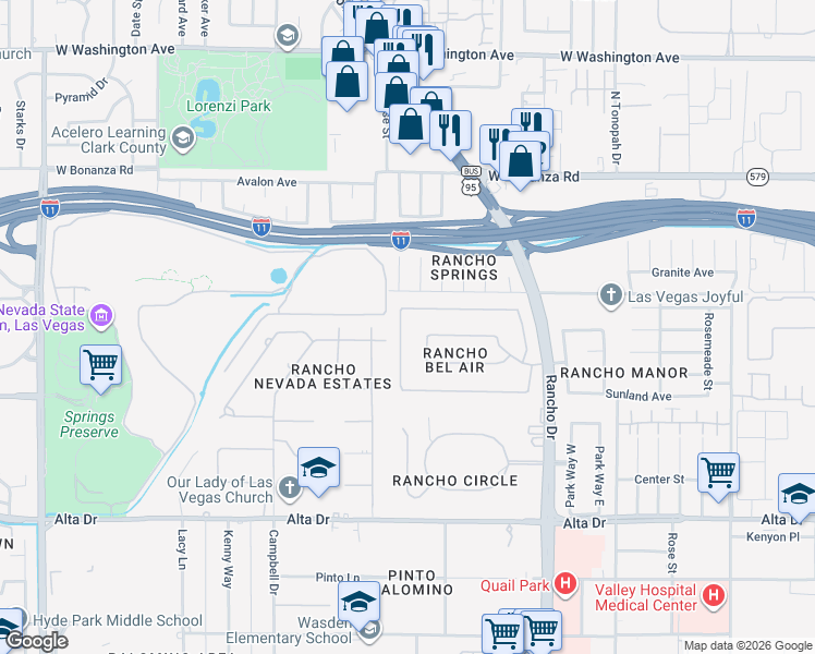 map of restaurants, bars, coffee shops, grocery stores, and more near 205 Desert View Street in Las Vegas