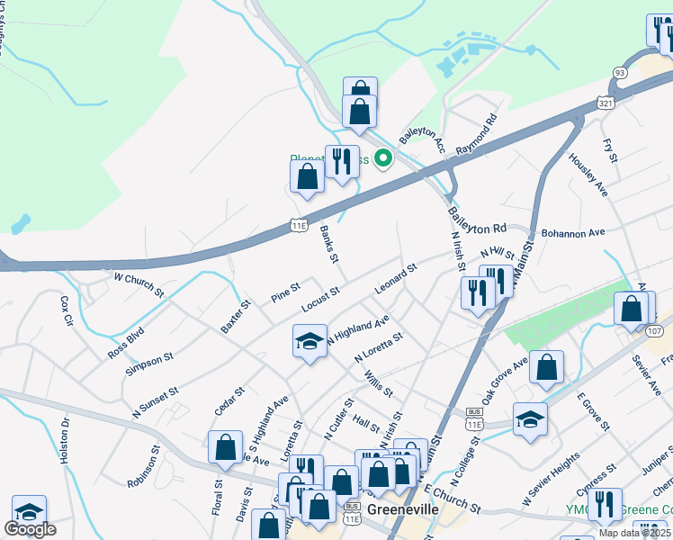 map of restaurants, bars, coffee shops, grocery stores, and more near 409 Banks Street in Greeneville