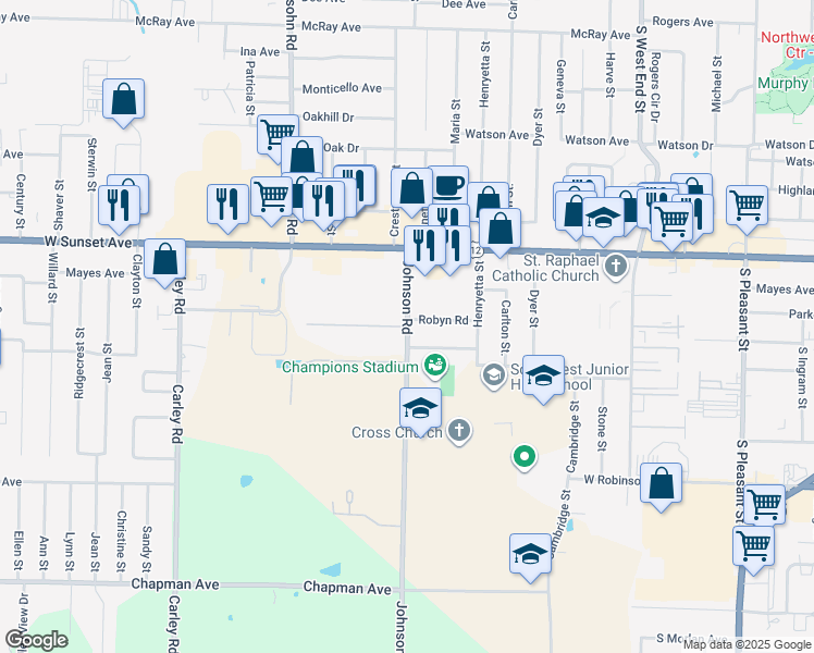 map of restaurants, bars, coffee shops, grocery stores, and more near 2400 Johnson Meadows Place in Springdale