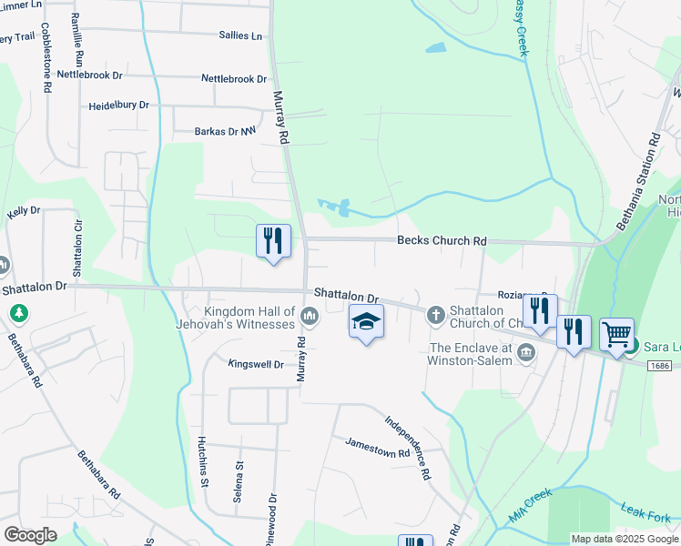 map of restaurants, bars, coffee shops, grocery stores, and more near 4122 Beck Lane in Winston-Salem
