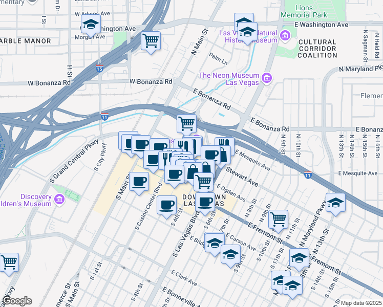 map of restaurants, bars, coffee shops, grocery stores, and more near 206 Stewart Avenue in Las Vegas