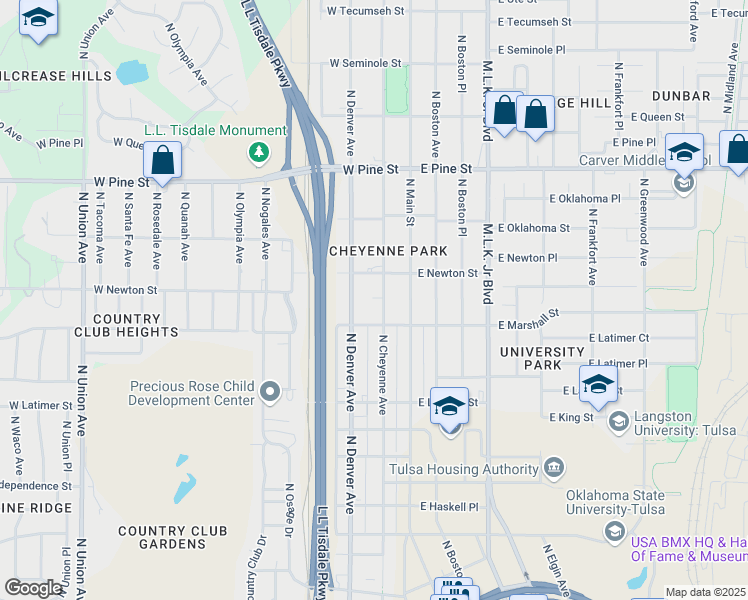 map of restaurants, bars, coffee shops, grocery stores, and more near 1228 North Cheyenne Avenue in Tulsa