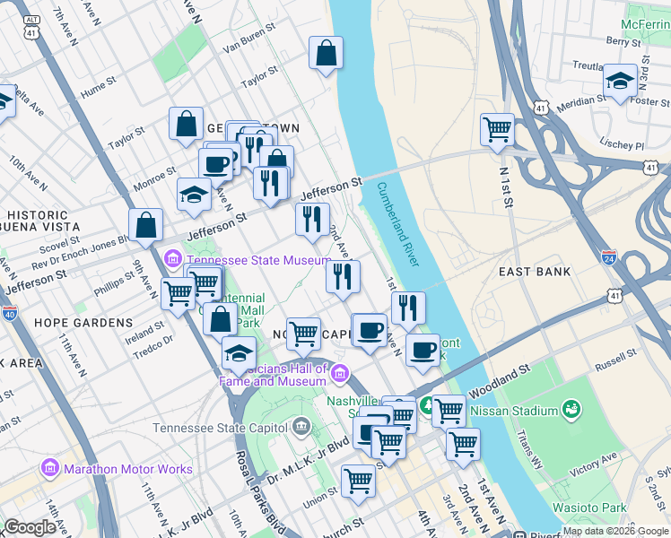 map of restaurants, bars, coffee shops, grocery stores, and more near 222 Stockyard Street in Nashville