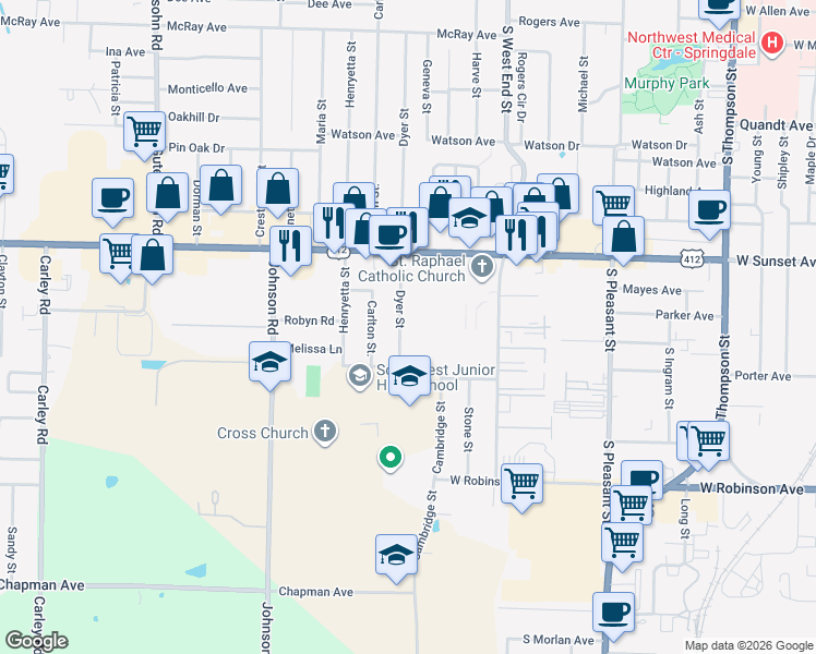 map of restaurants, bars, coffee shops, grocery stores, and more near 1404 Dyer Street in Springdale