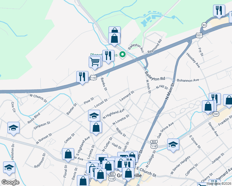 map of restaurants, bars, coffee shops, grocery stores, and more near 419 Locust Street in Greeneville