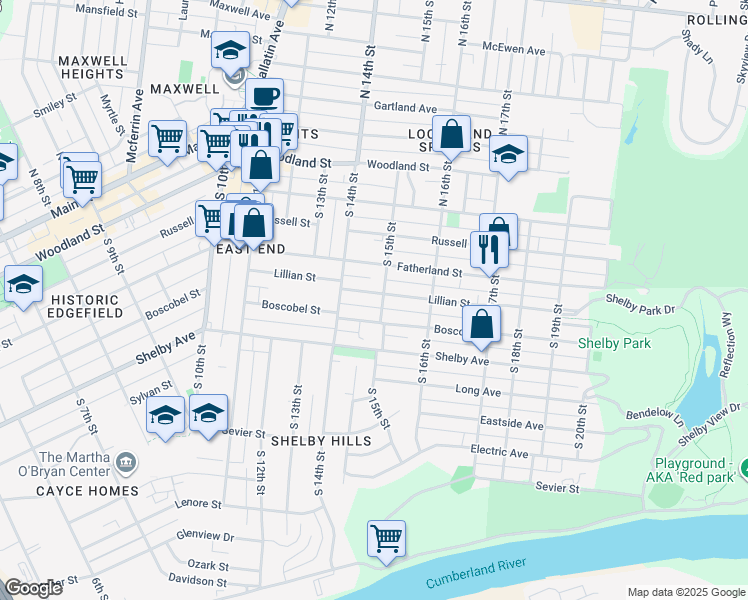 map of restaurants, bars, coffee shops, grocery stores, and more near 1418 Lillian Street in Nashville