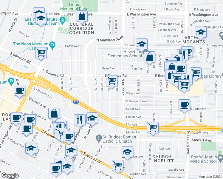 map of restaurants, bars, coffee shops, grocery stores, and more near 430 North 15th Street in Las Vegas