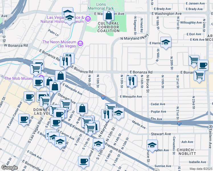 map of restaurants, bars, coffee shops, grocery stores, and more near 505 North 12th Street in Las Vegas