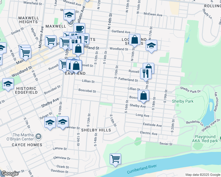 map of restaurants, bars, coffee shops, grocery stores, and more near 1418 Lillian Street in Nashville
