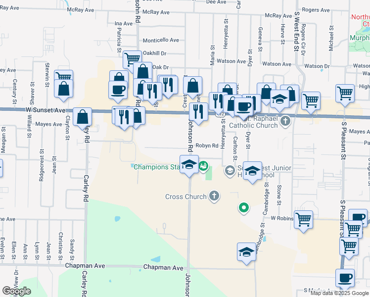 map of restaurants, bars, coffee shops, grocery stores, and more near 2400-2798 Johnson Meadows Place in Springdale