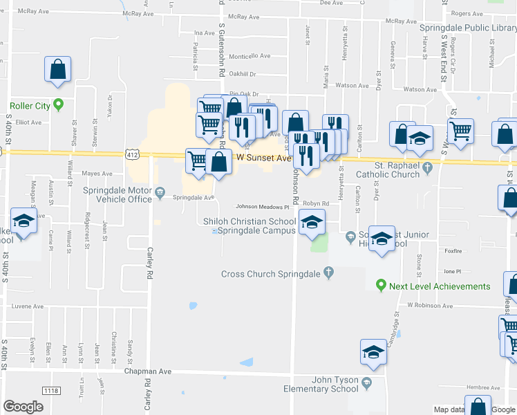 map of restaurants, bars, coffee shops, grocery stores, and more near 2695 Johnson Meadows Place in Springdale