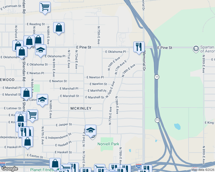 map of restaurants, bars, coffee shops, grocery stores, and more near 7384 East Newton Street in Tulsa