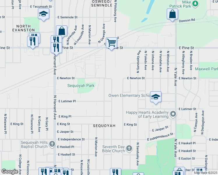map of restaurants, bars, coffee shops, grocery stores, and more near 1214 North Oswego Avenue in Tulsa