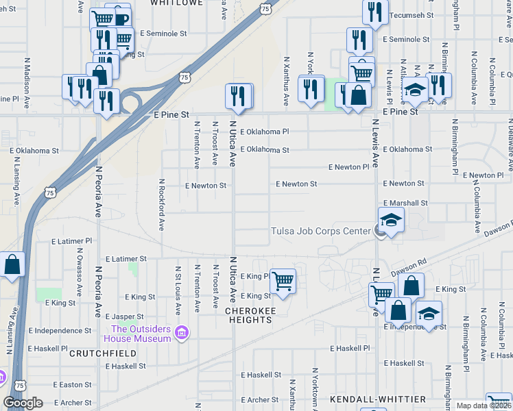 map of restaurants, bars, coffee shops, grocery stores, and more near 1208 North Wheeling Avenue in Tulsa