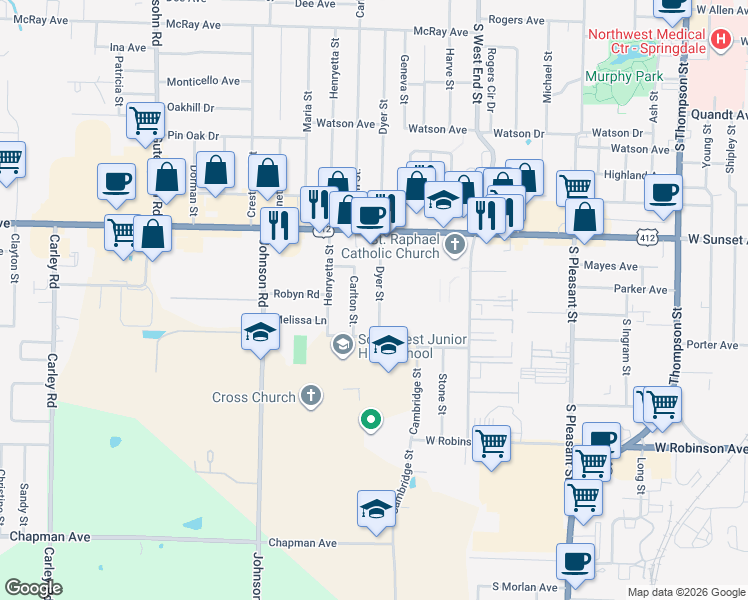 map of restaurants, bars, coffee shops, grocery stores, and more near 1404 Dyer Street in Springdale