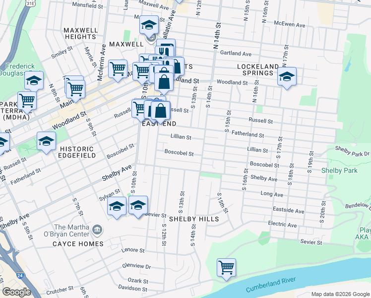 map of restaurants, bars, coffee shops, grocery stores, and more near 1213 Boscobel Street in Nashville