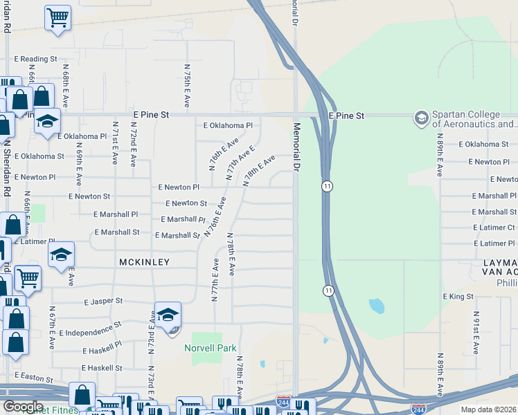 map of restaurants, bars, coffee shops, grocery stores, and more near 7826 East Newton Street in Tulsa