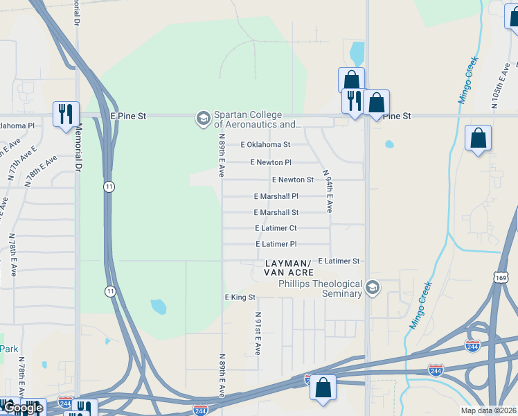 map of restaurants, bars, coffee shops, grocery stores, and more near 8953 East Marshall Street in Tulsa