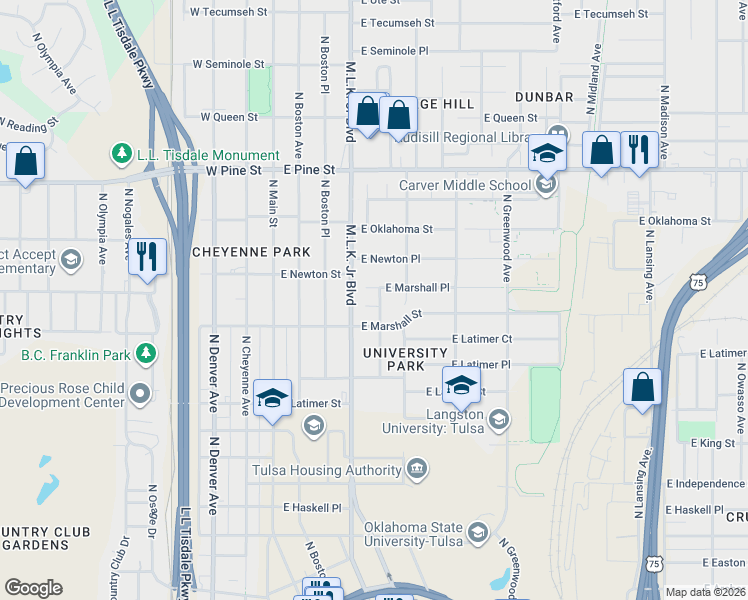 map of restaurants, bars, coffee shops, grocery stores, and more near 1224 North Detroit Avenue in Tulsa