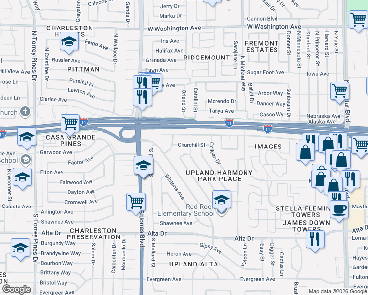 map of restaurants, bars, coffee shops, grocery stores, and more near 5709 Churchill Street in Las Vegas