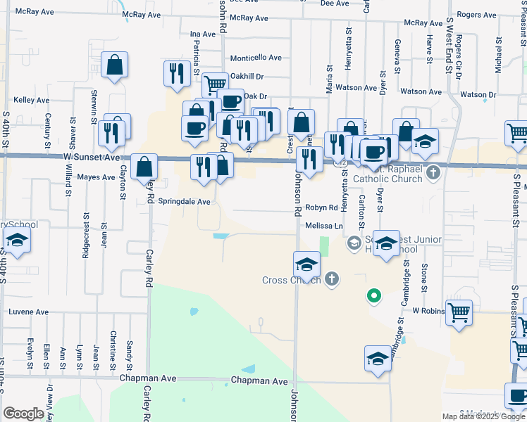 map of restaurants, bars, coffee shops, grocery stores, and more near 2447 Johnson Meadows Place in Springdale