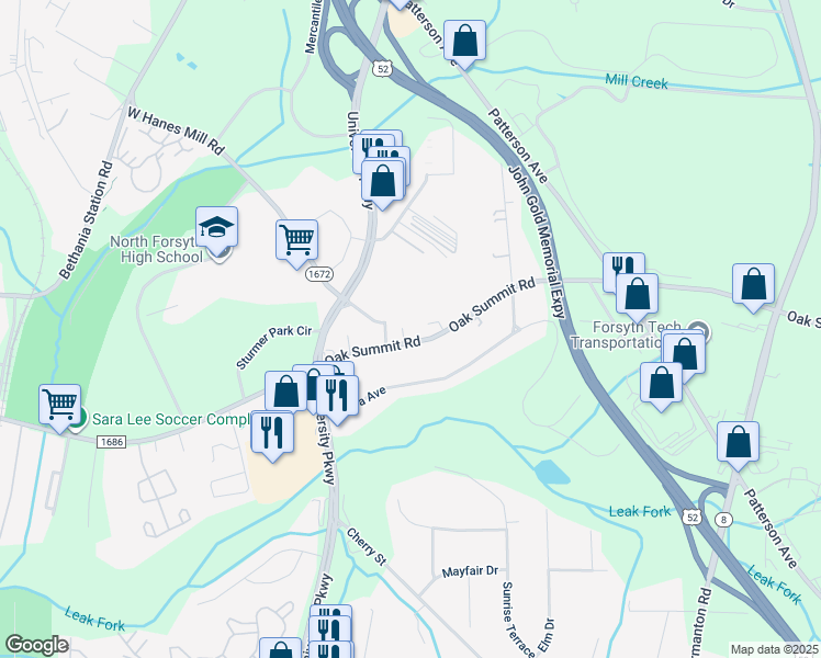 map of restaurants, bars, coffee shops, grocery stores, and more near 135 Oak Summit Road in Winston-Salem
