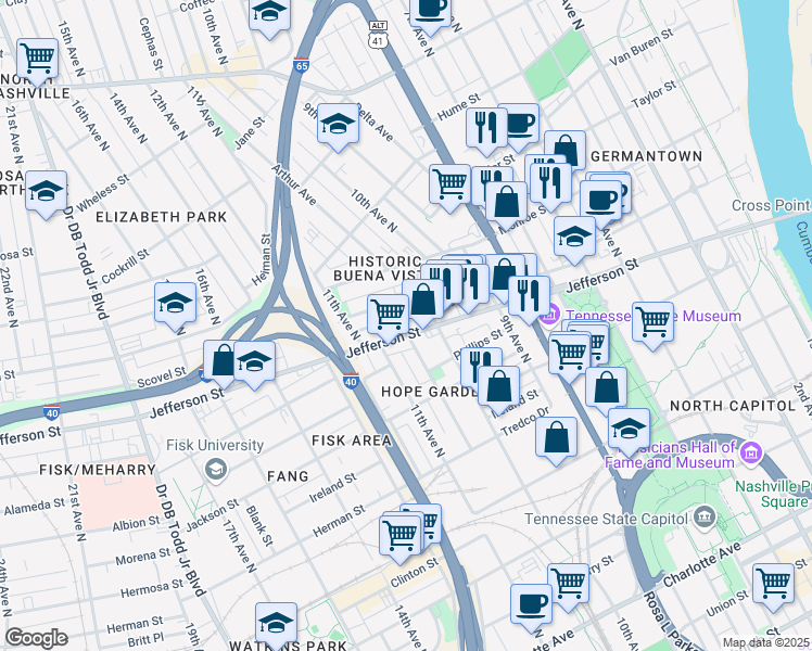 map of restaurants, bars, coffee shops, grocery stores, and more near 1024 Jefferson Street in Nashville