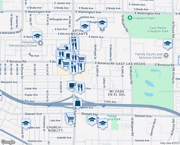 map of restaurants, bars, coffee shops, grocery stores, and more near 116 Maydelle Place in Las Vegas