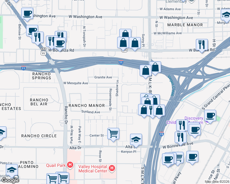 map of restaurants, bars, coffee shops, grocery stores, and more near 120 Shadow Lane in Las Vegas