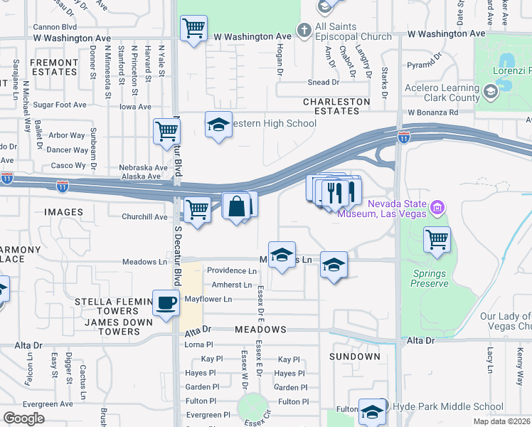 map of restaurants, bars, coffee shops, grocery stores, and more near 4480 Meadows Lane in Las Vegas