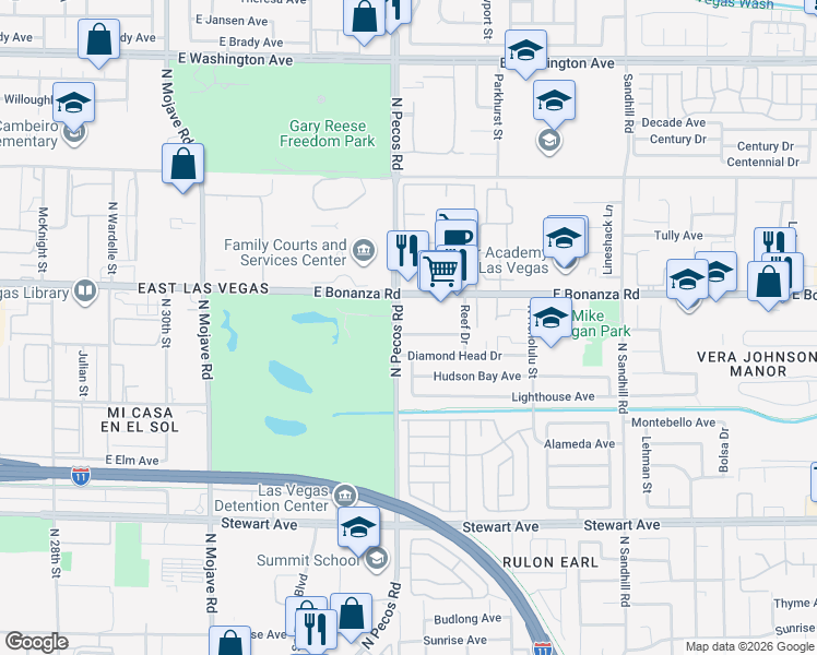 map of restaurants, bars, coffee shops, grocery stores, and more near 3612 Asbury Hill Avenue in Las Vegas