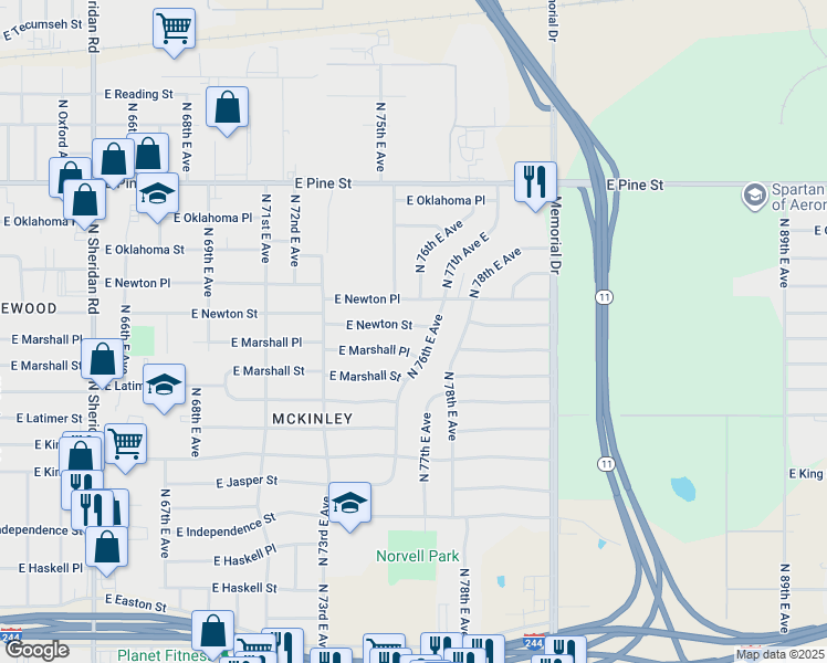 map of restaurants, bars, coffee shops, grocery stores, and more near 7384 East Newton Street in Tulsa