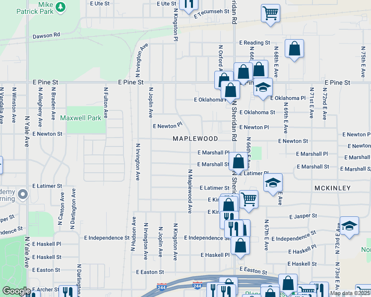 map of restaurants, bars, coffee shops, grocery stores, and more near 5975 East Marshall Place in Tulsa