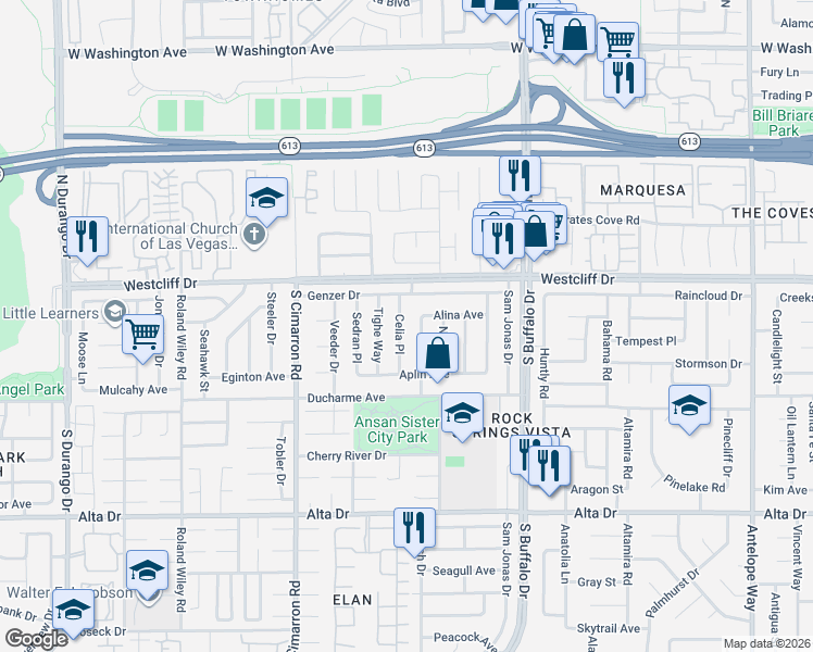 map of restaurants, bars, coffee shops, grocery stores, and more near 121 Celia Place in Las Vegas