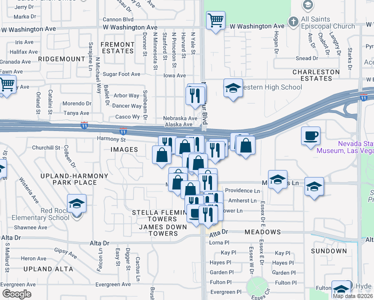 map of restaurants, bars, coffee shops, grocery stores, and more near 4904 Churchill Avenue in Las Vegas