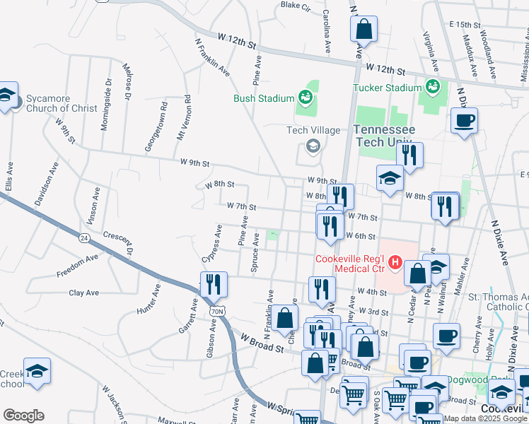 map of restaurants, bars, coffee shops, grocery stores, and more near 426 West 7th Street in Cookeville