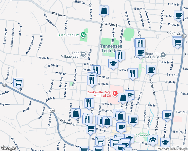 map of restaurants, bars, coffee shops, grocery stores, and more near 133 Charlotte Drive in Cookeville