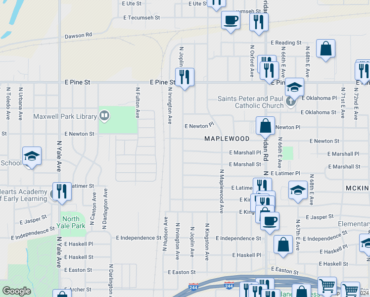 map of restaurants, bars, coffee shops, grocery stores, and more near 5903 East Marshall Place in Tulsa