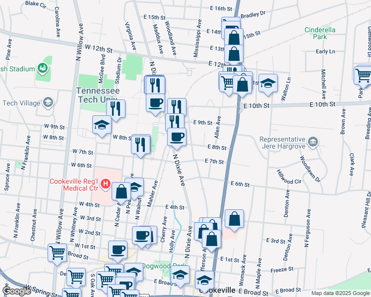 map of restaurants, bars, coffee shops, grocery stores, and more near 233 East 8th Street in Cookeville
