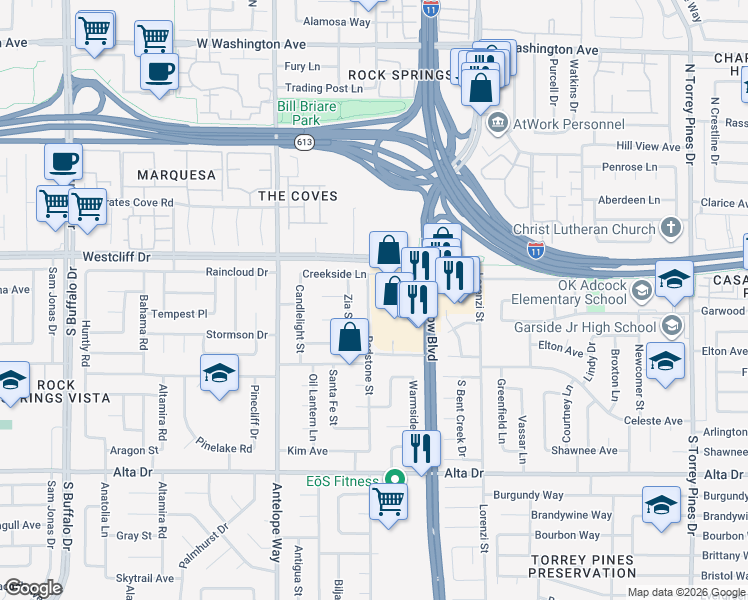 map of restaurants, bars, coffee shops, grocery stores, and more near 117 Redstone St in Las Vegas