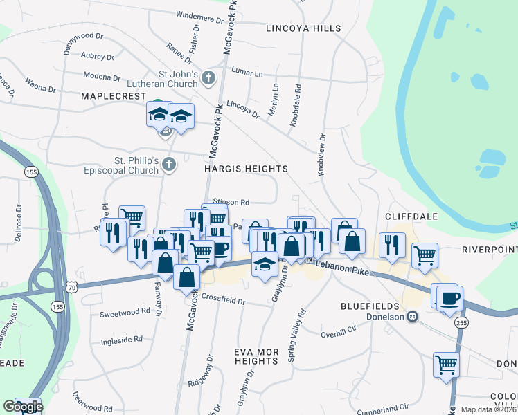 map of restaurants, bars, coffee shops, grocery stores, and more near 2519 Stinson Road in Nashville