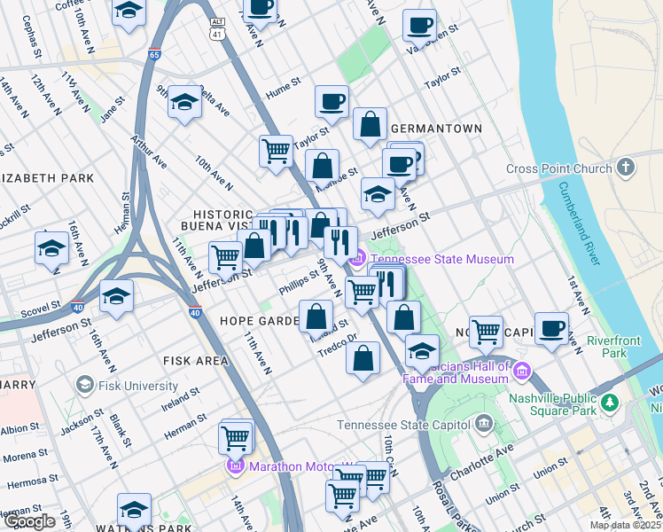 map of restaurants, bars, coffee shops, grocery stores, and more near 1044B 9th Avenue North in Nashville