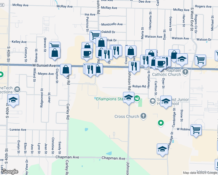 map of restaurants, bars, coffee shops, grocery stores, and more near 2695 Johnson Meadows Place in Springdale