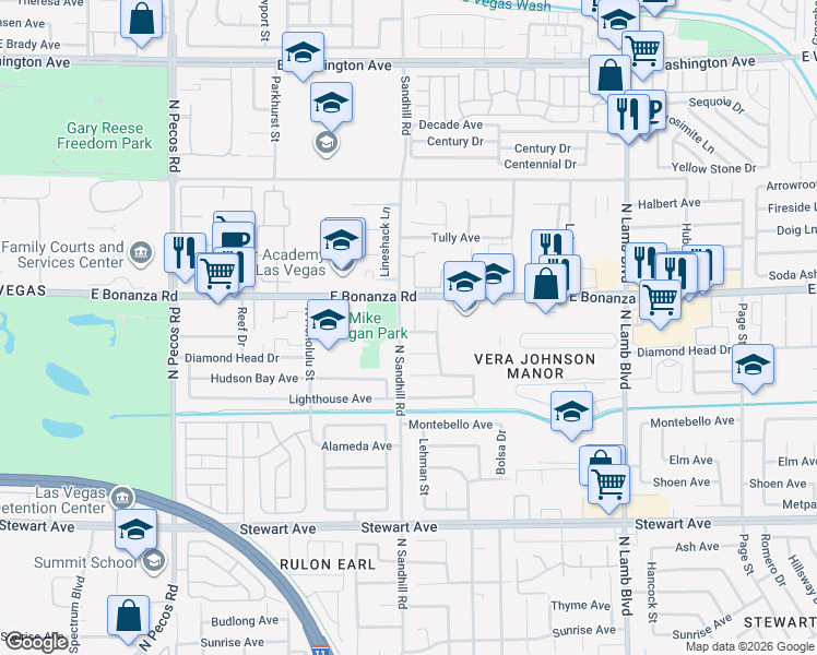map of restaurants, bars, coffee shops, grocery stores, and more near 569 Old West Court in Las Vegas