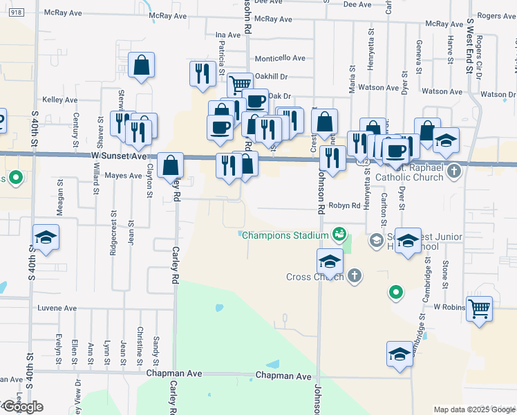 map of restaurants, bars, coffee shops, grocery stores, and more near 2798 Johnson Meadows Place in Springdale
