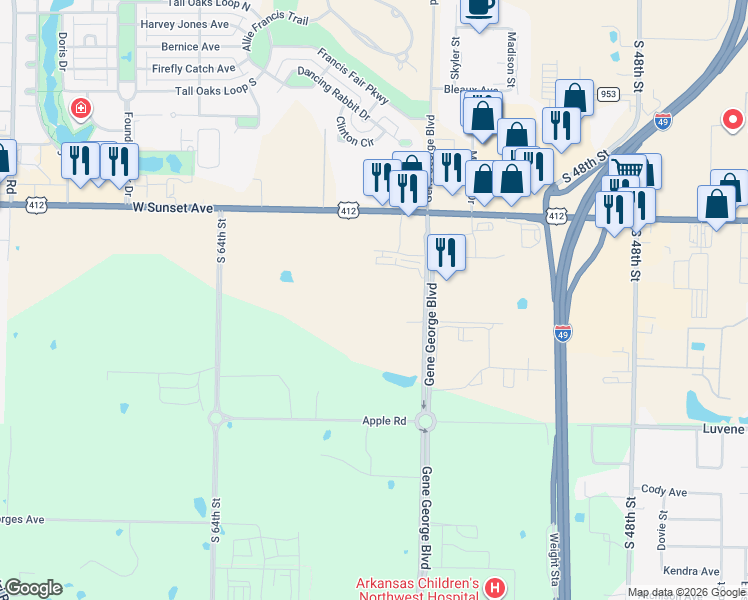 map of restaurants, bars, coffee shops, grocery stores, and more near 1550 Gene George Boulevard in Springdale