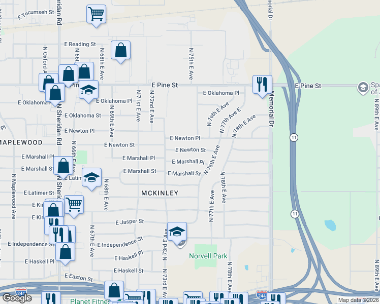 map of restaurants, bars, coffee shops, grocery stores, and more near 7350 East Newton Street in Tulsa