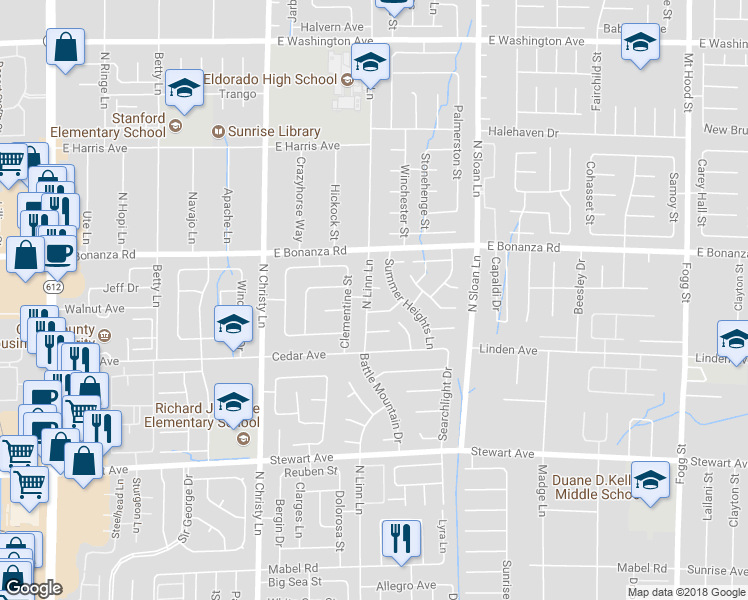 map of restaurants, bars, coffee shops, grocery stores, and more near 704 North Linn Lane in Las Vegas