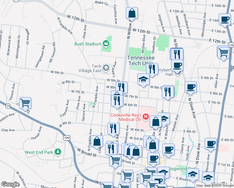 map of restaurants, bars, coffee shops, grocery stores, and more near 133 Charlotte Drive in Cookeville